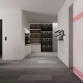 Modern Interior Display Area Featuring White Curved Wall Gray Curtains Black Armchair And Pendant Lights