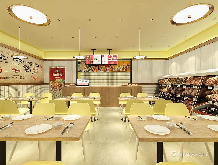 Modern Hot Pot Restaurant Interior With Dining Tables Yellow Chairs Hanging Lamps And Menu Displays 3d model 