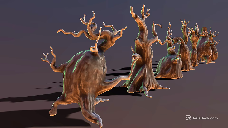 3D Rendered Unique Wood Stone Sculptures With Twisted Trunks And Green Sheen 3d model 
