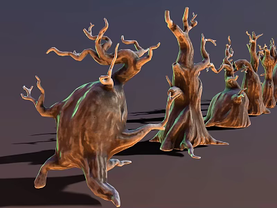 3D Rendered Unique Wood Stone Sculptures With Twisted Trunks And Green Sheen 3d model