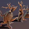 3D Rendered Unique Wood Stone Sculptures With Twisted Trunks And Green Sheen