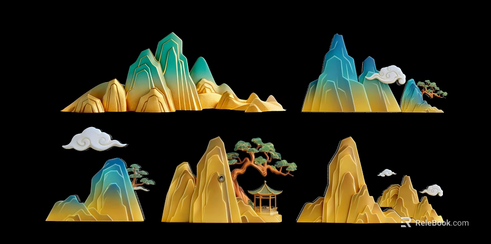 Traditional Chinese Mountain Hanging Decorations With Pine Pavilion And Clouds 3d model