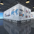 Modern Exhibition Hall with Container like Structures Display Boards and Hanging Lights 3d model