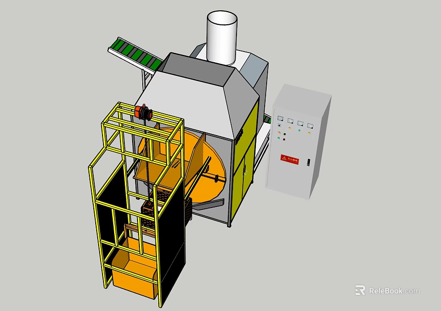 Heavy Duty Industrial Equipment With Conveyor System Rotary Drum Yellow Frame And Control Cabinet 3d model 