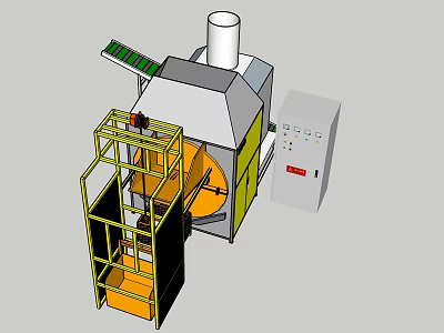 Heavy Duty Industrial Equipment With Conveyor System Rotary Drum Yellow Frame And Control Cabinet 3d model