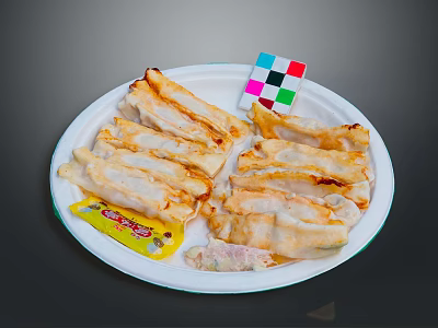 Crispy Fried Dumplings Served On White Plate With Yellow Sauce Packet And Colorful Small Card 3d model