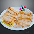 Crispy Fried Dumplings Served On White Plate With Yellow Sauce Packet And Colorful Small Card