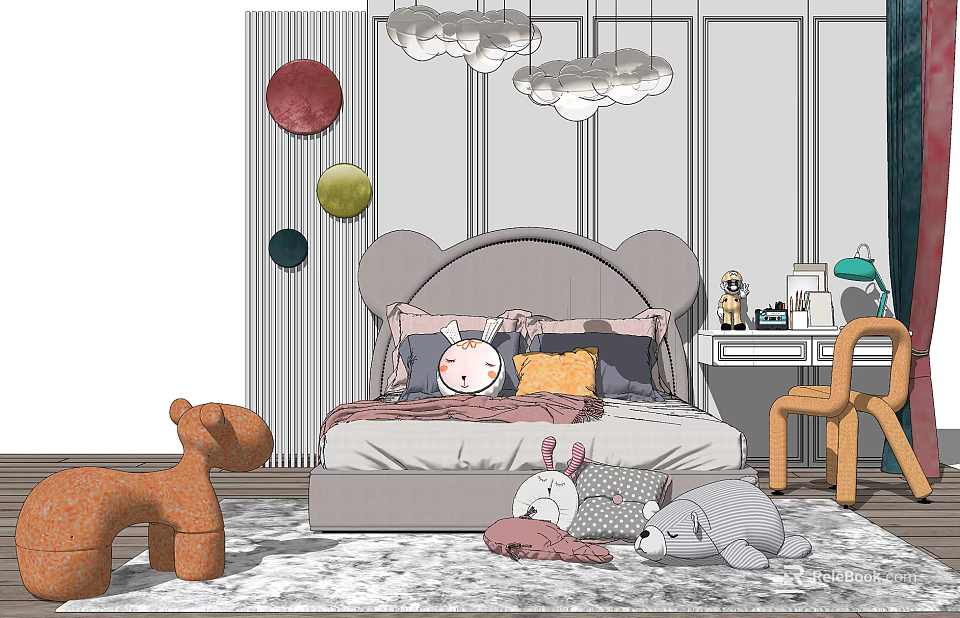 Double Bed In Children's Bedroom With Striped Wallpaper Cloud Pendant Lights And Plush Toys 3d model 