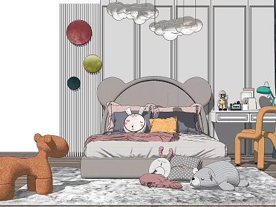 Double Bed In Children's Bedroom With Striped Wallpaper Cloud Pendant Lights And Plush Toys 3d model