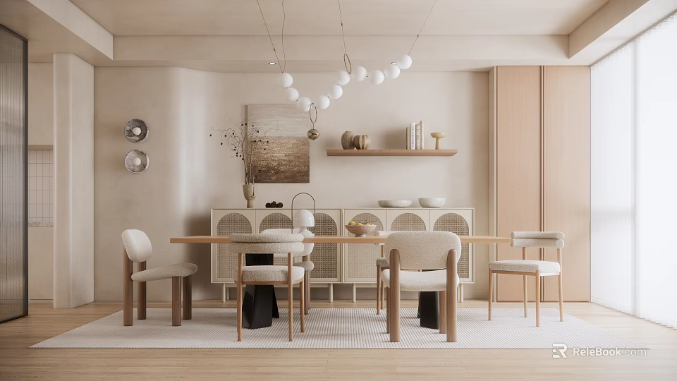 Modern Restaurant Interior With Wooden Dining Table Pendant Lights And Decorative Painting 3d model 