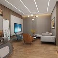 Modern Bank Customer Lounge With Front Desk Wooden Walls Sofas And Green Plants