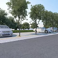 Parking Lot With Parked Cars Lush Trees Paved Ground And Yellow Lines