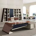 Modern Office Desk with Leather Chair Wooden Bookcase and Laptop in Contemporary Interior