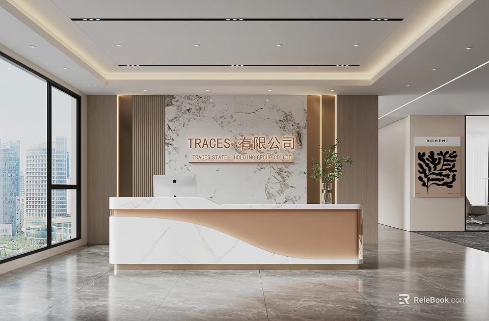 Modern Reception Desk With Marble Background Wall Company Logo Large Windows And Green Plant 3d model 