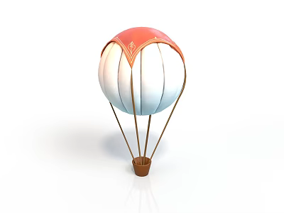 Red And White Hot Air Balloon With Brown Basket And Ropes 3d model