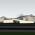 Modern Architectural Design With Curved Roof Circular Fountain And Green Lawn