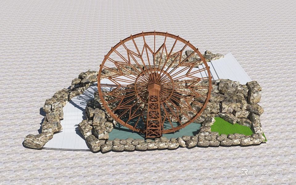 Garden Ornament Featuring Wooden Waterwheel Surrounded by Stones Small Pool and Green Grass 3d model 