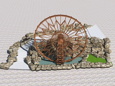 Garden Ornament Featuring Wooden Waterwheel Surrounded by Stones Small Pool and Green Grass 3d model
