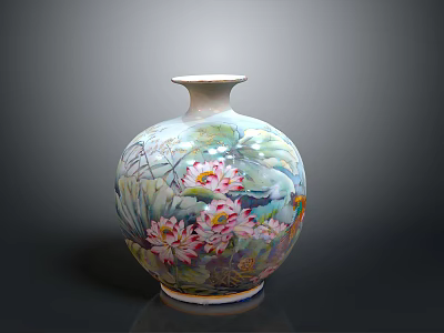 Exquisite Ceramic Sculpture Vase With Colorful Lotus Flower Patterns And Round Body Design 3d model