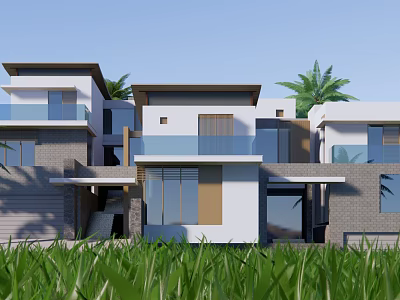 Modern Duplex Villa Exterior Design With Balcony Glass Windows And Palm Trees 3d model