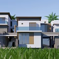 Modern Duplex Villa Exterior Design With Balcony Glass Windows And Palm Trees