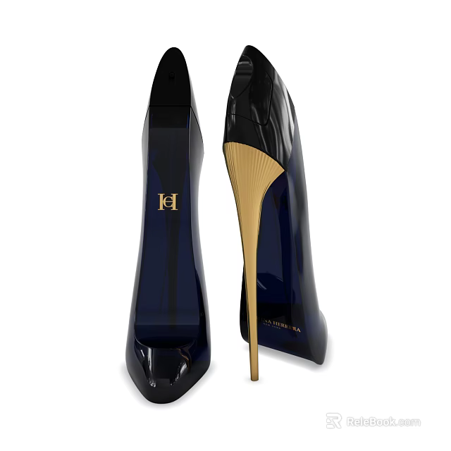 Elegant Black High Heel Shoes With Metallic Gold Heel And KH Logo 3d model 