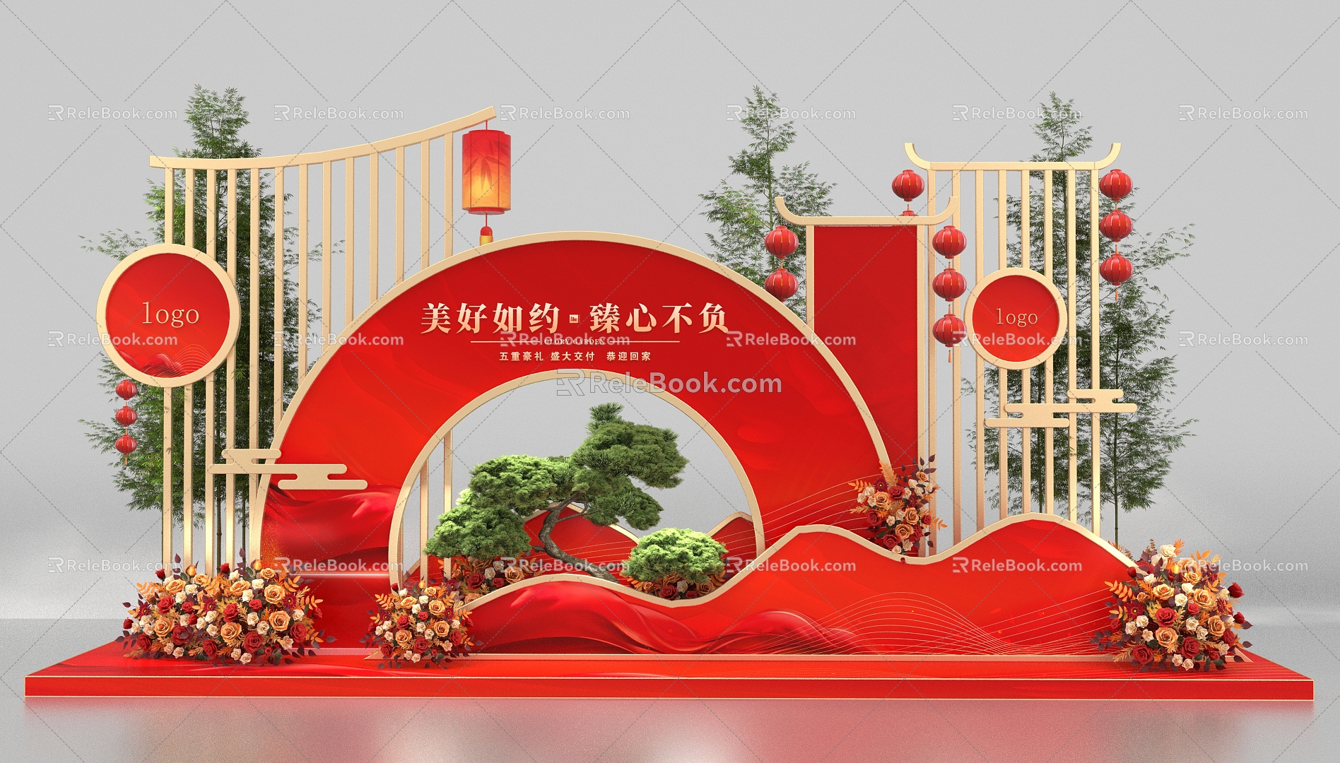 New Chinese Style Beauty Chen Chinese Style Beauty Chen Modern Beauty Chen Red Beauty Chen Jiaofang Beauty Chen Delivery Beauty Chen Flower Art Bamboo Lantern Golden Red Flower Art Welcome Pine 3d model