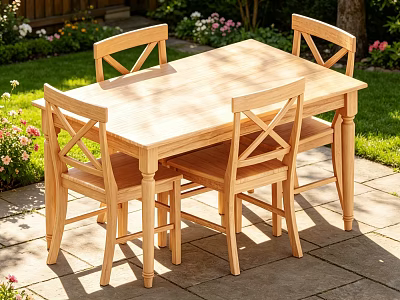 Outdoor Wooden Dining Table Set with Four Cross Back Chairs and Garden Grass Flowers 3d model