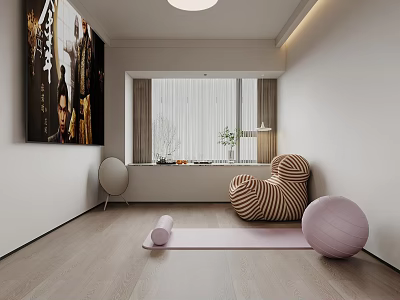 Minimalist Club Interior With Striped Chair Pink Yoga Mat Exercise Ball And Large Wall Art 3d model