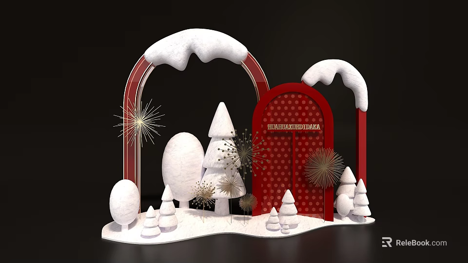 Christmas Decoration Scene With Red Snow Covered Arch And Festive Trees 3d model 
