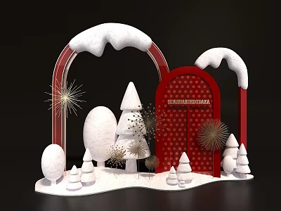 Christmas Decoration Scene With Red Snow Covered Arch And Festive Trees 3d model