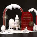 Christmas Decoration Scene With Red Snow Covered Arch And Festive Trees