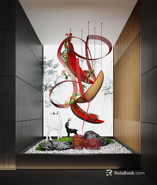 Stylish Indoor Landscape With Red Curved Sculpture Green Plants Pebble Path And Bamboo Leaf Background 3d model 