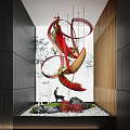 Stylish Indoor Landscape With Red Curved Sculpture Green Plants Pebble Path And Bamboo Leaf Background