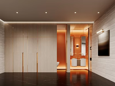 Modern Public Restroom Interior Design With Light Wood Panels Gold Accents And Double Vanity Mirror 3d model