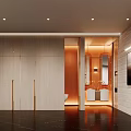 Modern Public Restroom Interior Design With Light Wood Panels Gold Accents And Double Vanity Mirror