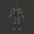 Standing Humanoid Figure in Metallic Gray Armor with Green Visor and Red Details