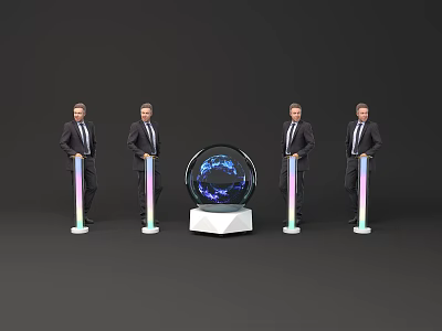 Launch Device With Transparent Sphere Colorful Light Poles And Men In Suits 3d model