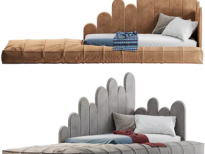 Scalloped Headboard Upholstered Kids Bed With Soft Bedding And Neutral Colors 3d model