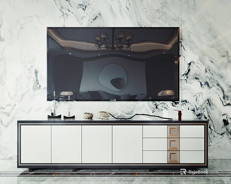 Modern TV Stand With White Black Cabinet Design On Marble Wall And Decorative Items 3d model 