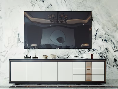 Modern TV Stand With White Black Cabinet Design On Marble Wall And Decorative Items 3d model