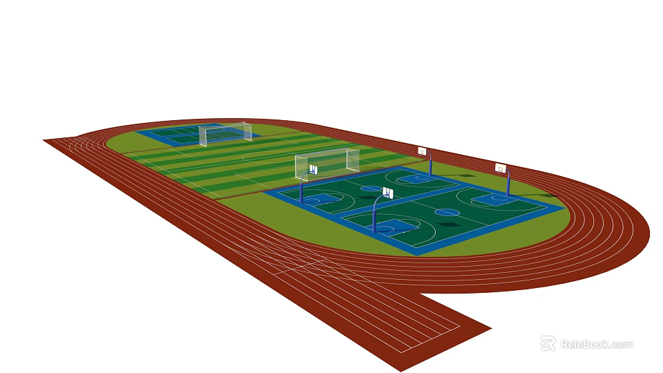 School Outdoor Sports Area With Running Track Basketball Courts And Green Field 3d model 