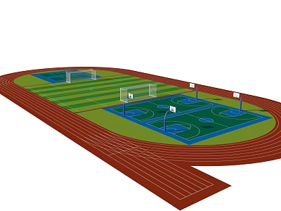 School Outdoor Sports Area With Running Track Basketball Courts And Green Field 3d model