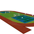 School Outdoor Sports Area With Running Track Basketball Courts And Green Field