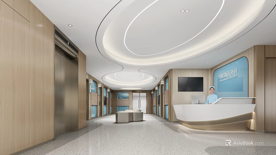Modern Hospital Outpatient Clinic Interior With Reception Desk And Waiting Area 3d model 