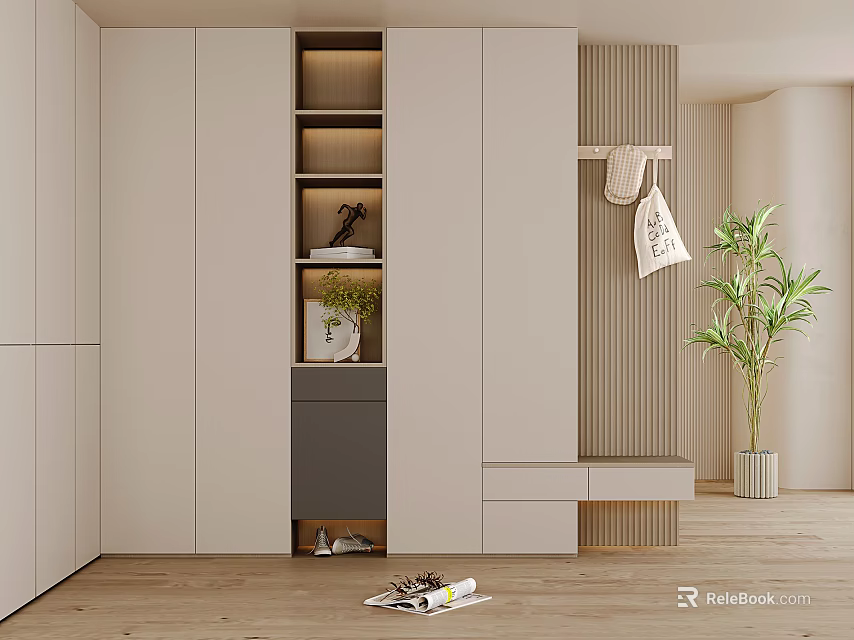 Modern Shoe Cabinet Design With Tiered Shelves Bench And Potted Plant 3d model 
