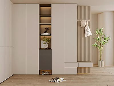 Modern Shoe Cabinet Design With Tiered Shelves Bench And Potted Plant 3d model