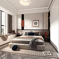 Modern Bedroom Interior With King Size Bed Framed Artwork Window Curtains And Built In Wardrobe