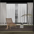 Rattan Single Chair In Cozy Interior With Large Window Curtains And Potted Plant