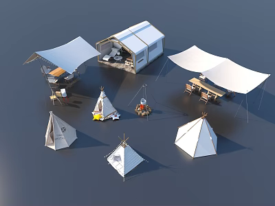 Outdoor Camping Setup With Various Tents Camper Trailer And Furniture 3d model